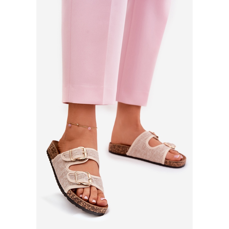 Material de mujeres chanclas en una plataforma de corcho con hebillas beige 1