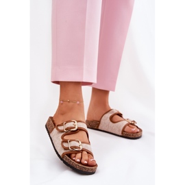 Material de mujeres chanclas en una plataforma de corcho con hebillas de camello marrón 2 Material de mujeres chanclas en una plataforma de corcho con hebillas de camello marrón 2