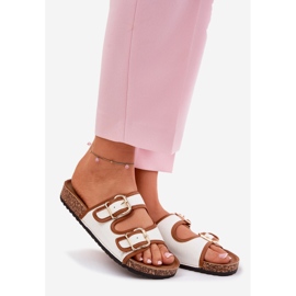 Material de mujeres chanclas en una plataforma de corcho con hebillas blancas blanco 1