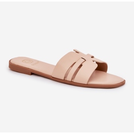 Chanclas para mujeres de cazón plano con recortes de cuero ecológico beige 3