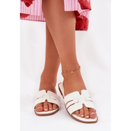 Chanclas para mujeres con cañón plano con recortes de cuero ecológico blanco 4