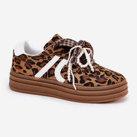 Zapatillas para mujeres con estampado de leopardo en la plataforma con decoraciones marrones marrón 4
