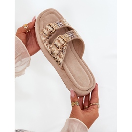 Zapatillas para mujeres en la plataforma con hebillas y trenza de color caqui beige 8