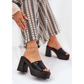 Zapatillas de cuero ecológica para mujeres en el poste y la plataforma negra negro 7