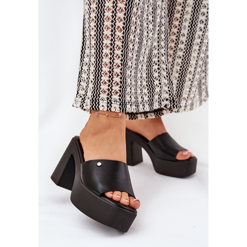 Zapatillas de cuero ecológica para mujeres en el poste y la plataforma negra negro 2