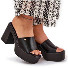 Zapatillas de cuero ecológica para mujeres en el poste y la plataforma negra negro 9