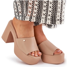 Zapatillas de cuero ecológica para mujeres en el poste y la plataforma de color caqui beige 8