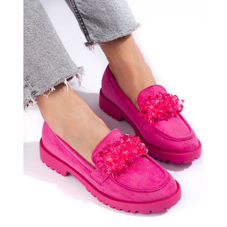Mocasines mujer de ante con cristales rosas 2