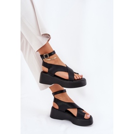 Sandalias para mujeres en la plataforma y un cuero de cuña de cuello negro 6