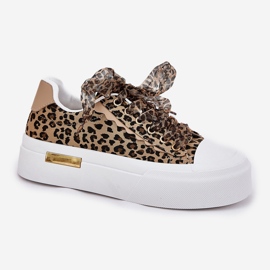 Zapatillas de deporte para mujeres en una plataforma masiva con leopardo decorativo de cordones marrones marrón 9