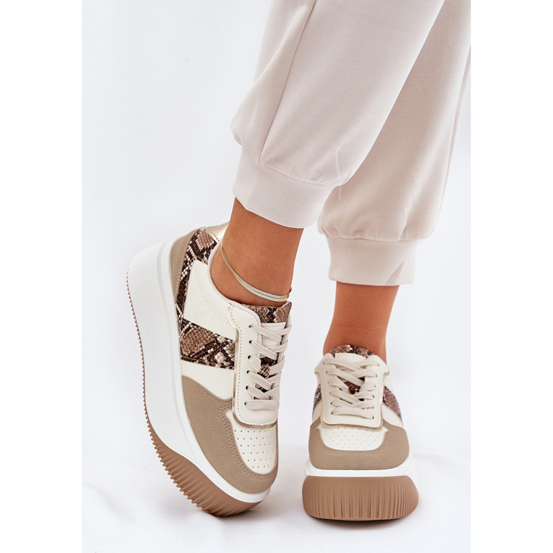 Zapatillas de deporte para mujeres en una plataforma masiva, beige de patrón animal 2