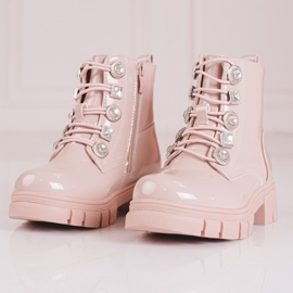 Botines rosas con cordones y adornos rosado 2