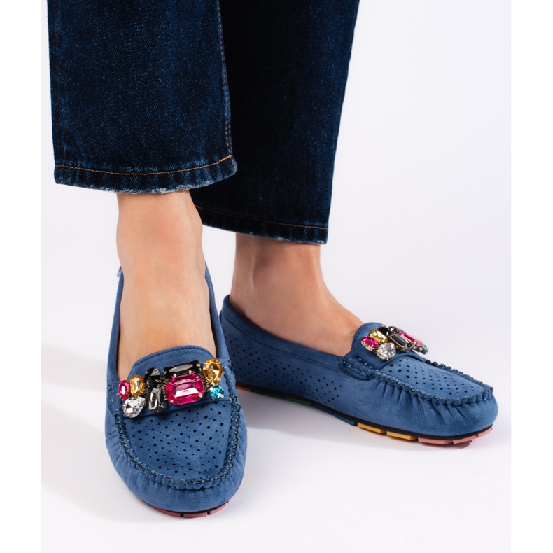 Goodin Mocasines de mujer azules calados con cristales 2