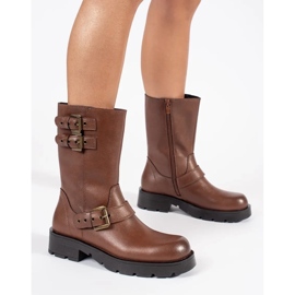 Botines de mujer de piel marrón con plataforma decorada con rayas Sergio Leone 1