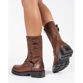 Botines de mujer de piel marrón con plataforma decorada con rayas Sergio Leone 4