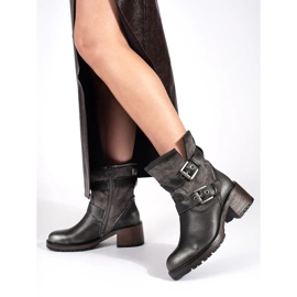 Botines de mujer con tacón y hebillas en marrón oscuro metalizado 1