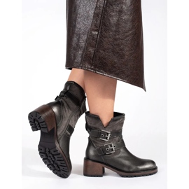 Botines de mujer con tacón y hebillas en marrón oscuro metalizado 2