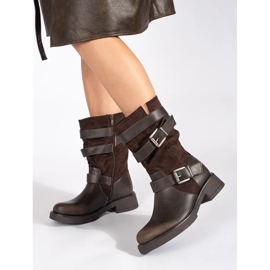 Botines de mujer marrones con tacón bajo y hebillas marrón 1