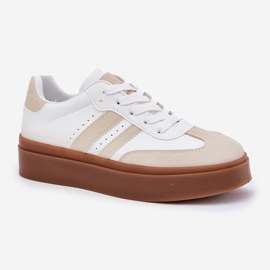 Zapatillas de deporte para mujeres en la plataforma con beige de cuero ecológico y blanco 4