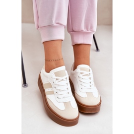 Zapatillas de deporte para mujeres en la plataforma con beige de cuero ecológico y blanco 9