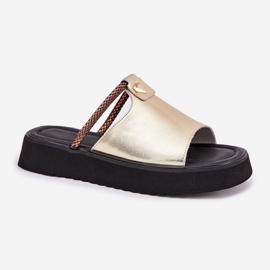 S.Barski Zapatillas de cuero para mujeres en la plataforma con un cinturón decorativo D&amp;A MK51-475 Oro dorado 4