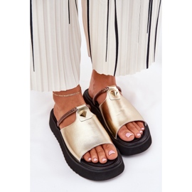 S.Barski Zapatillas de cuero para mujeres en la plataforma con un cinturón decorativo D&amp;A MK51-475 Oro dorado 5