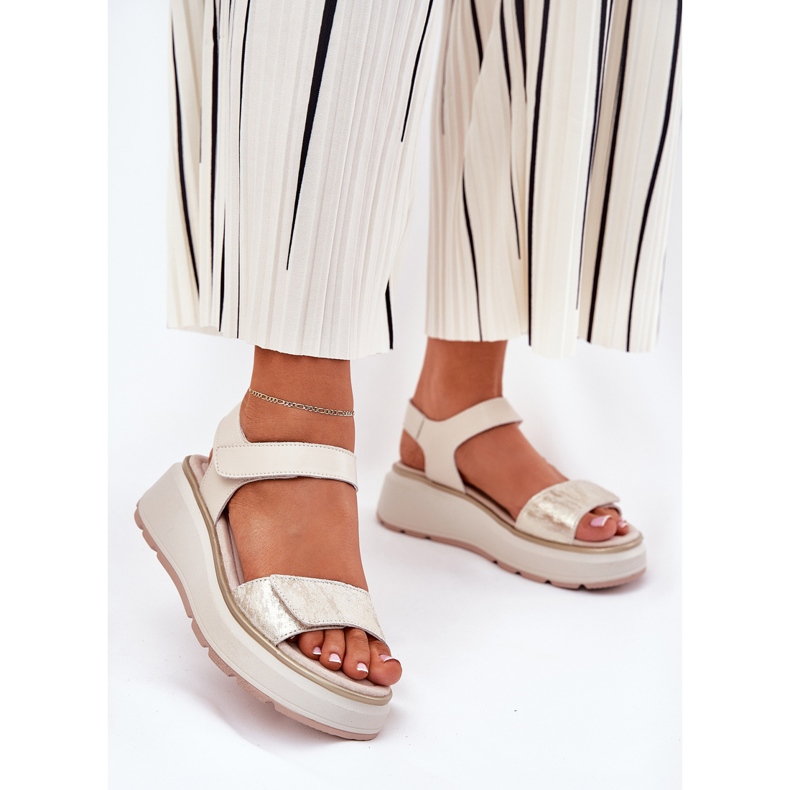 S.Barski Sandalias de cuero Plataforma para mujeres y Velcro Wedge S. Barski LR51-543 Oro dorado 2