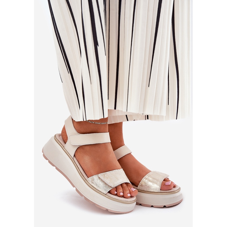 S.Barski Sandalias de cuero Plataforma para mujeres y Velcro Wedge S. Barski LR51-543 Oro dorado 1