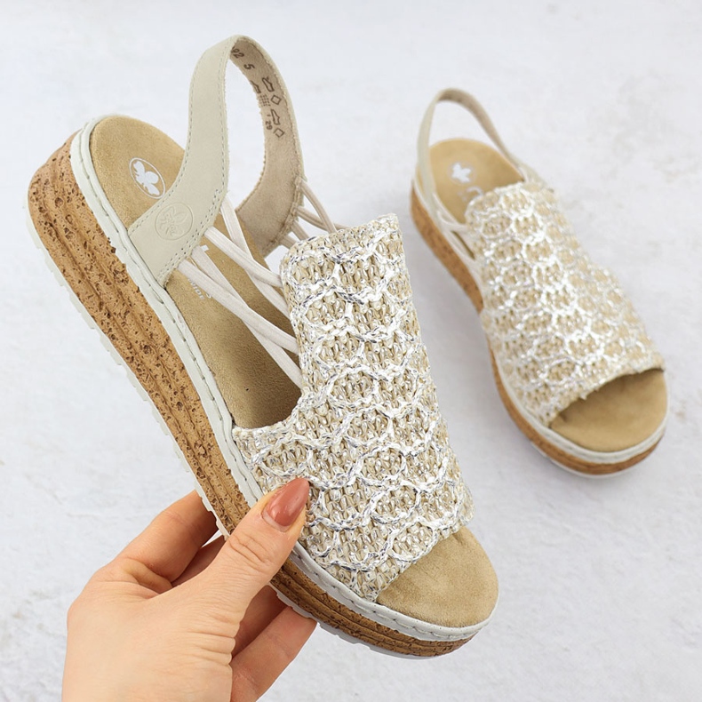 Sandalias femeninas en la banda de plataforma Beige Rieker 62741-60 2