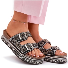 Zapatillas con decoración y hebillas en la plataforma negra negro 8