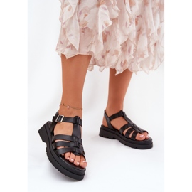 Sandalias de mujer de cuero ecológica en la plataforma negra negro 2