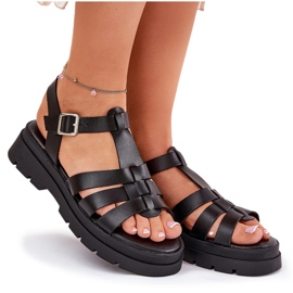 Sandalias de mujer de cuero ecológica en la plataforma negra negro 9