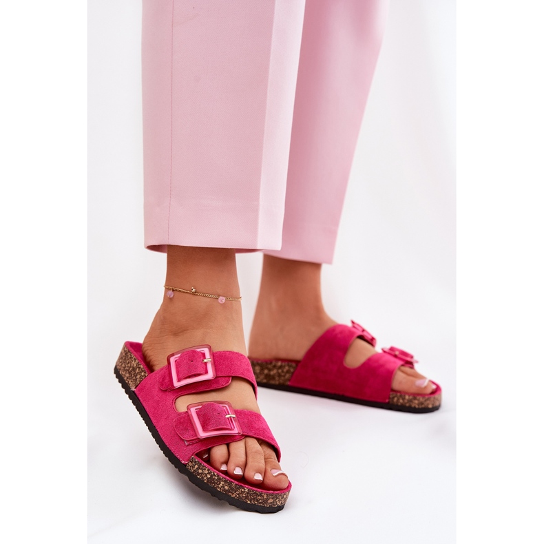 Chanclas para mujeres con hebillas en la suela de corcho Fucsia rosa 2