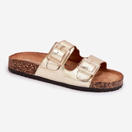 Chanclas para mujeres con abrazaderas en una suela dorada de corcho dorado 4