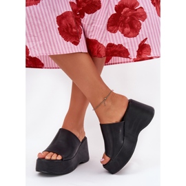 Zapatillas para mujeres de cuero ecológica en la plataforma y cuñas negras negro 6