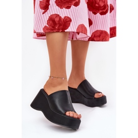 Zapatillas para mujeres de cuero ecológica en la plataforma y cuñas negras negro 3