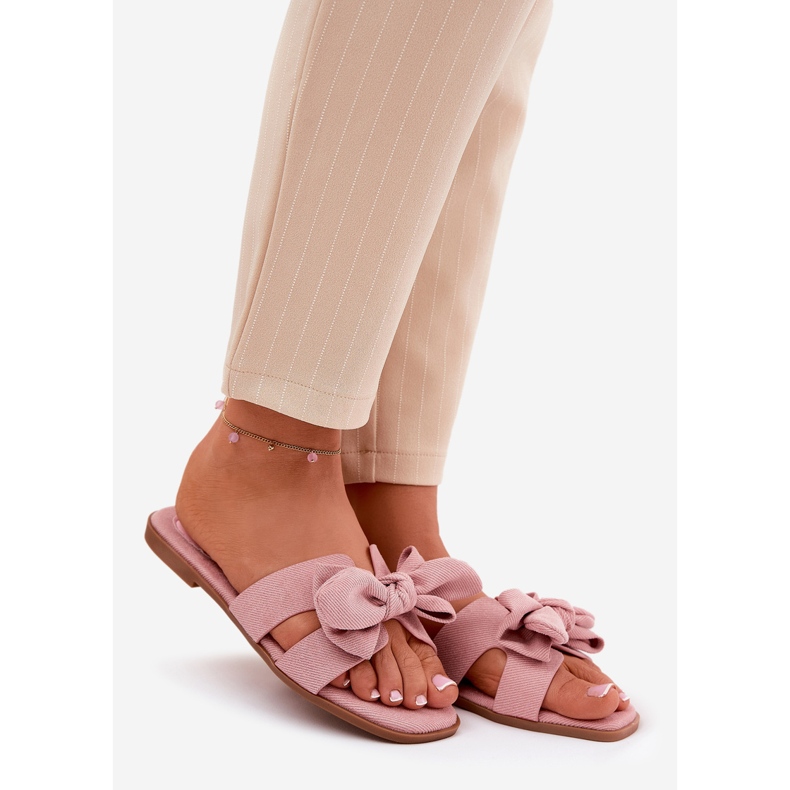 Chanclas de mujeres planas con un arco rosa rosado 1 Chanclas de mujeres planas con un arco rosa rosado 1