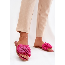 Chanclas de mujer plana con flores de fucsia decorativas rosado 1