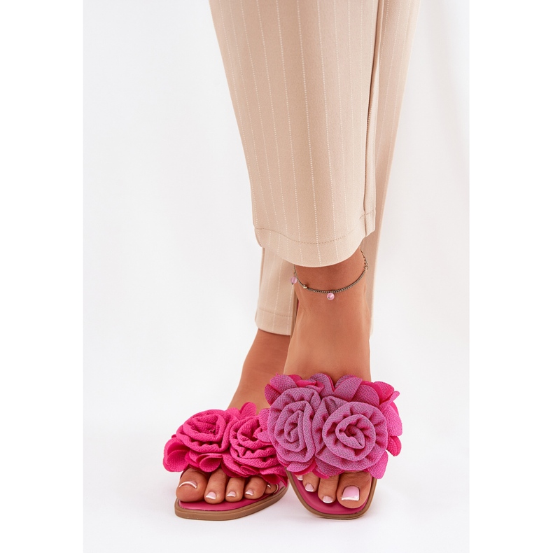 Chanclas de mujer plana con flores de fucsia decorativas rosa 2