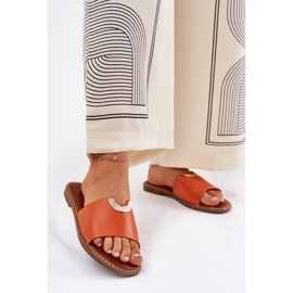 Chanclas para mujeres de cuero ecológica con detalles de naranja decorativa 2
