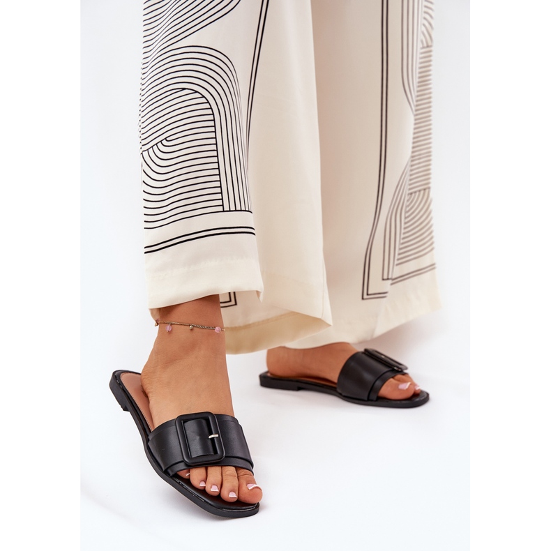 Zapatillas para mujeres de cuero ecológica plana con hebilla negra negro 2