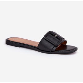 Zapatillas para mujeres de cuero ecológica plana con hebilla negra negro 4