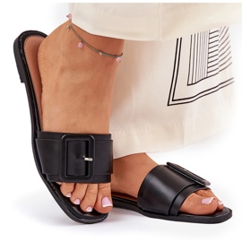 Zapatillas para mujeres de cuero ecológica plana con hebilla negra negro 8
