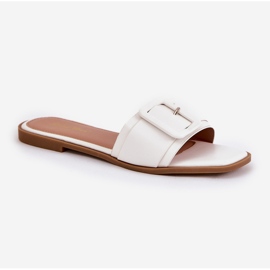 Zapatillas para mujeres de cuero ecológico plano con hebilla blanca blanco 4