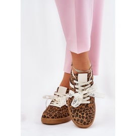 Zapatillas de deporte para mujeres bajas con encaje leopardo estampado marrón 3