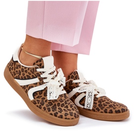 Zapatillas de deporte para mujeres bajas con encaje leopardo estampado marrón 10