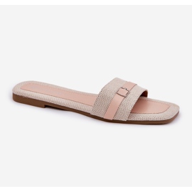 Chanclas de mujeres planas con beige de cinturón y hebilla 4