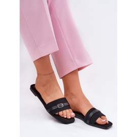 Chanclas de mujeres planas con cinturón y hebilla de negro 6