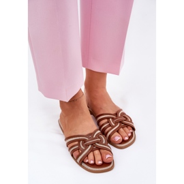 Chanclas de mujeres planas con rayas marrones entrelazadas marrón 5