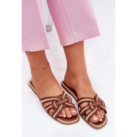 Chanclas de mujeres planas con rayas marrones entrelazadas marrón 8